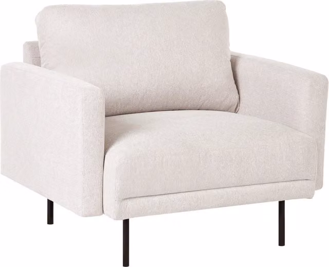 Poltrona moderna imbottita in tessuto beige chiaro con gambe in metallo stile moderno e minimalista