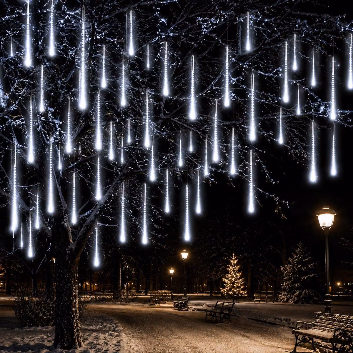 Pioggia di meteoriti, catena luminosa con 8 luci, effetto neve, luci natalizie, decorazioni per Natale, Halloween, matrimonio, colore bianco, 50 cm, 288 LED