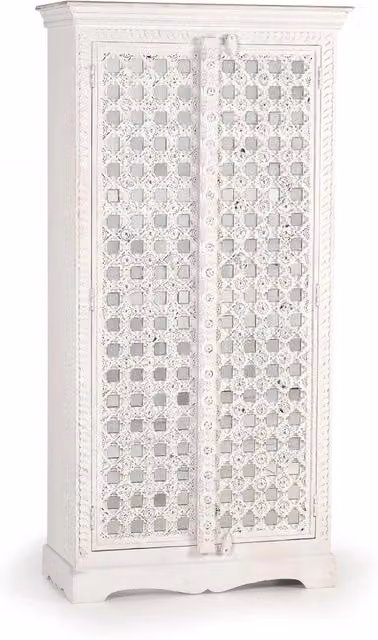 Armadio a due ante in legno di mango intagliato con specchio e ripiani interni bianco stile etnico H: 180 cm, L: 90 cm, P: 40 cm – 1