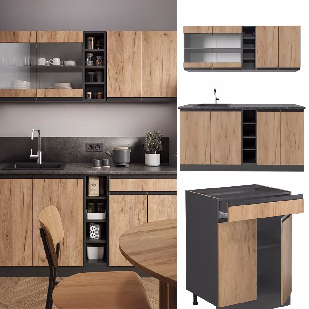 Cucina completa Vicco R-Line J-Shape in Rovere dorato e Antracite, L: 160 cm – 2