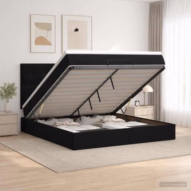 Letto ottomano moderno vidaXL in velluto nero con contenitore a sollevamento L: 160 cm, P: 200 cm, H: 88 cm