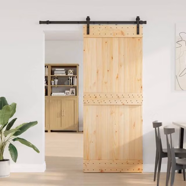 Porta scorrevole moderna vidaXL in legno e acciaio, colore marrone e nero, L: 85 cm, H: 210 cm, diametro: 152,5 cm