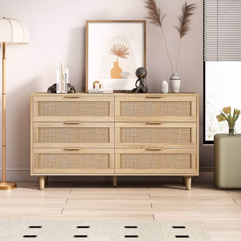 Cassettiera AIORBER, rattan, 6 cassetti, stile rustico antico, molto spazio, credenza, adatta per camera da letto, soggiorno, 130x40x75cm, colore naturale