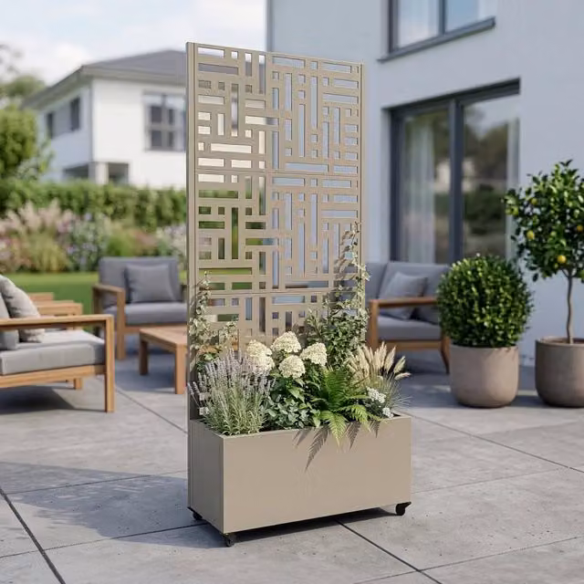 Fioriera con Spalliera Bernalda casa.pro in Acciaio Zincato con 4 Rotelle, Colore Verde o Beige, H 190 x L 82 x P 38 cm – 1