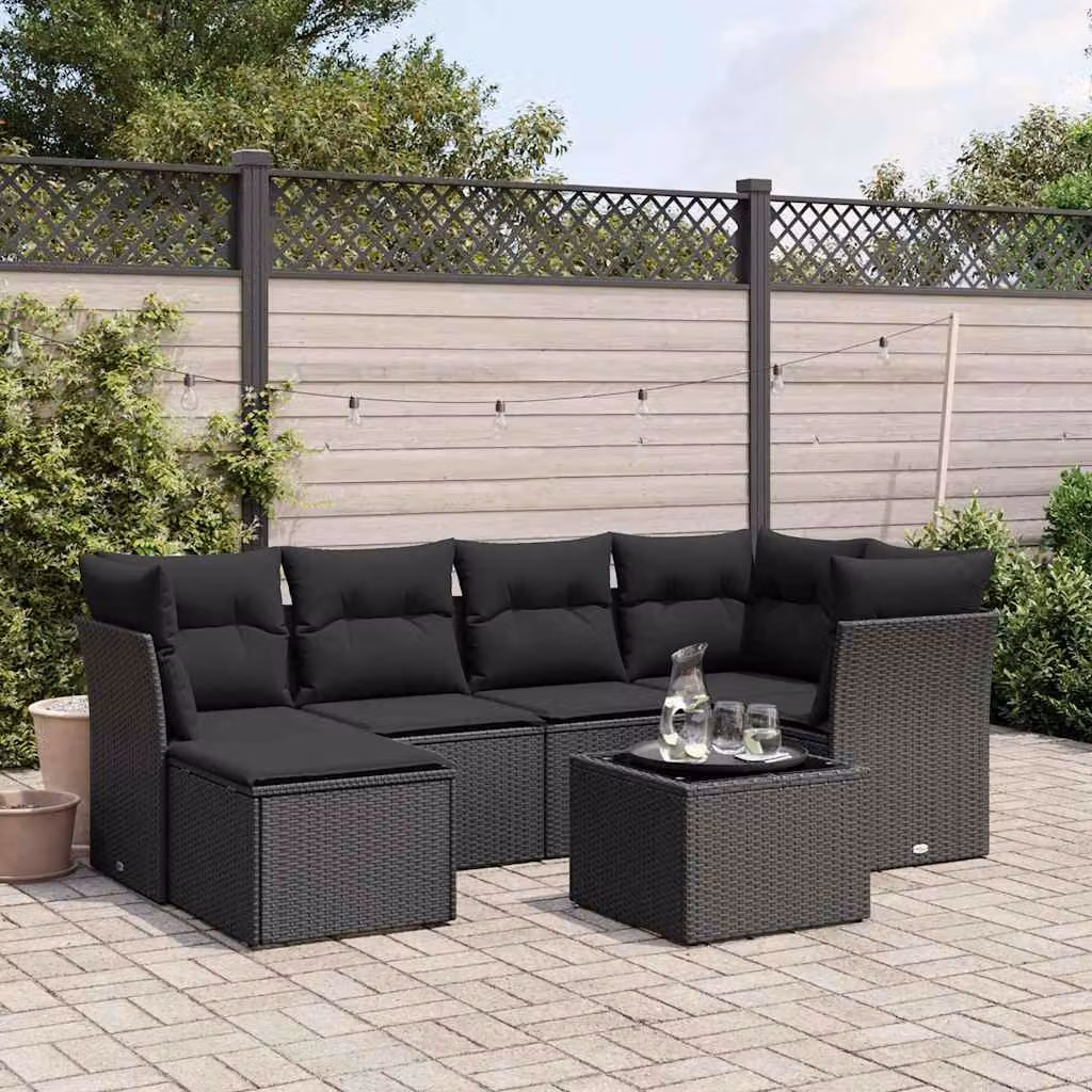 vidaXL Set Divani da Giardino a L con Cuscini 7pz Nero in Polyrattan e Acciaio – 1