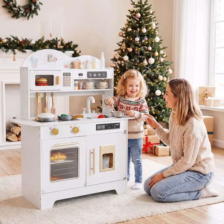 Set cucina giocattolo per bambini Costway in legno con 17 accessori e fornello realistico, colore bianco