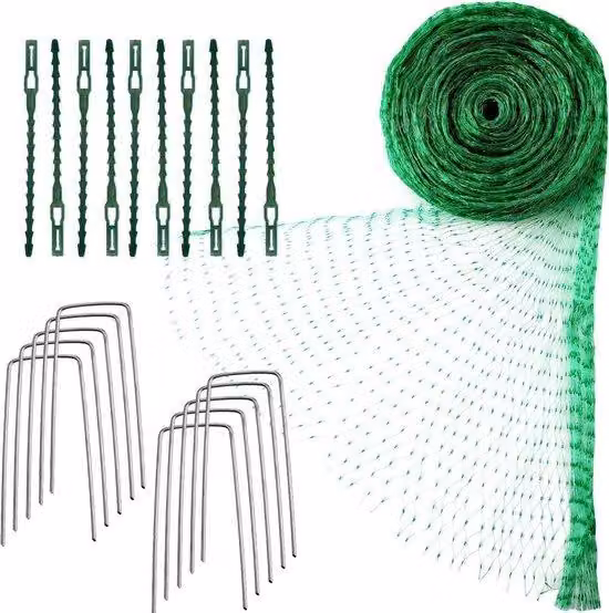 Rete di protezione anti-uccelli di grandi dimensioni, ideale per giardini, frutteti e cespugli di bacche - rete a maglie verdi di 4x10 metri, completa di materiale di fissaggio