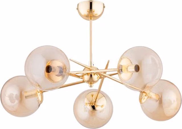 Plafoniera moderna Primery Alfa in ottone con sfere in vetro ambra, L: 63 cm, P: 38 cm, H: 50 cm