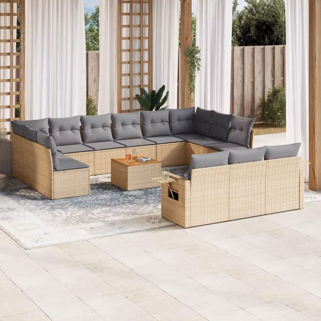 vidaXL Set Divani da Giardino a Forma di U in Polyrattan Beige con Cuscini e Tavolino da Esterno – 1