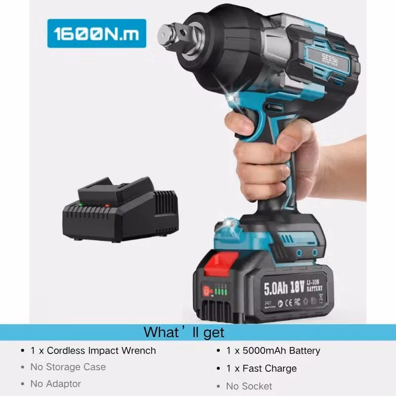 Avvitatore a percussione a batteria - WH1600P - Coppia di serraggio: 1600 Nm - Attacco quadrato da 1,9 cm - Funzionamento a batteria - Include 1 batteria - Illuminazione a LED - Adatto per camion