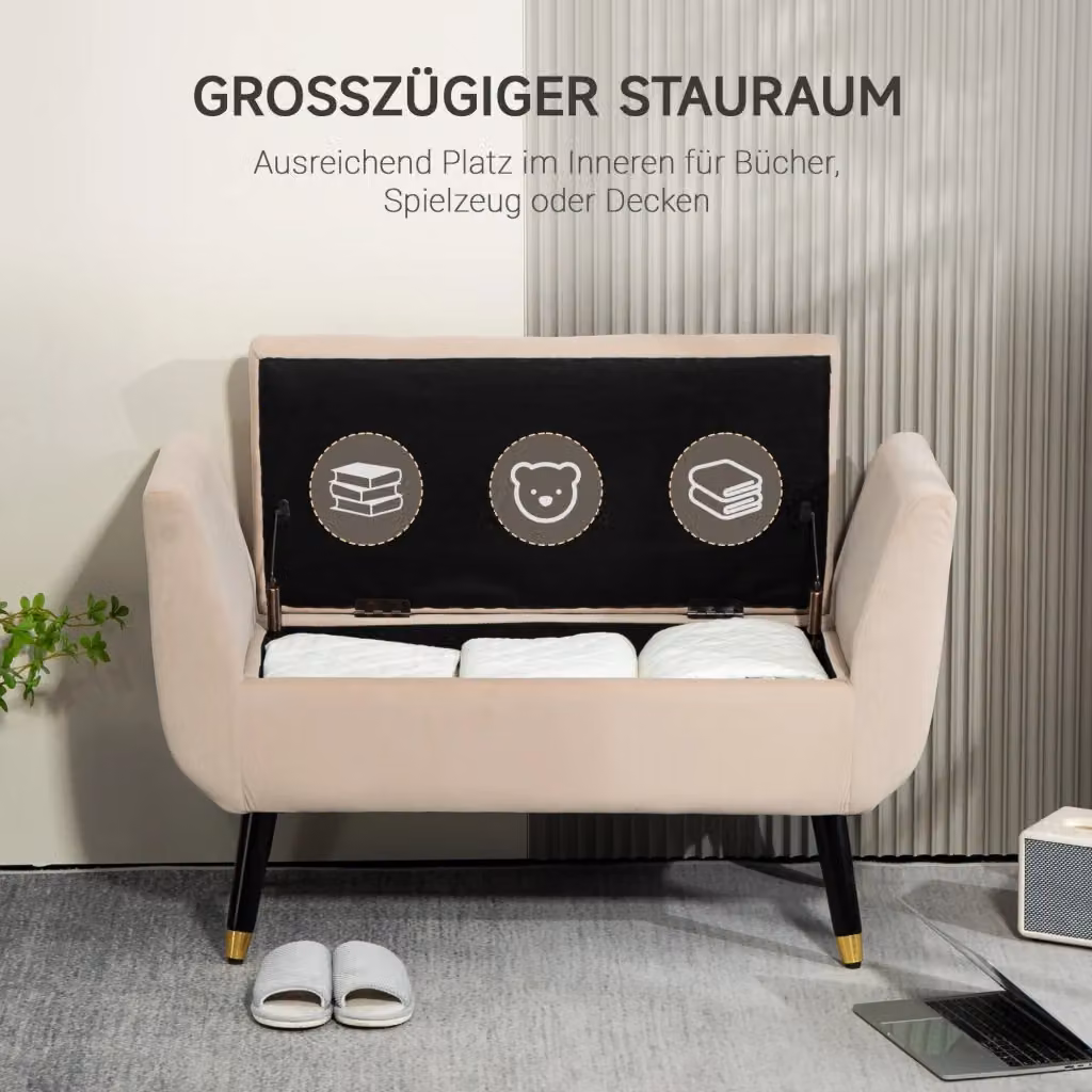 Panca contenitore OKWISH con seduta imbottita in tessuto beige e struttura in legno di caucciù L: 107 cm, P: 42 cm, H: 65 cm – 2