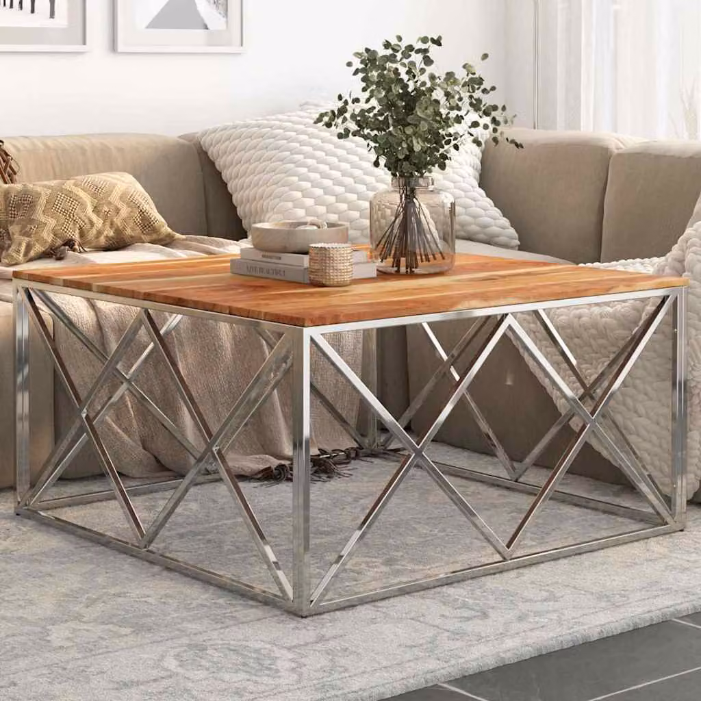 vidaXL Tavolino da Salotto Moderno in Legno di Acacia e Acciaio Inox Argento e Marrone