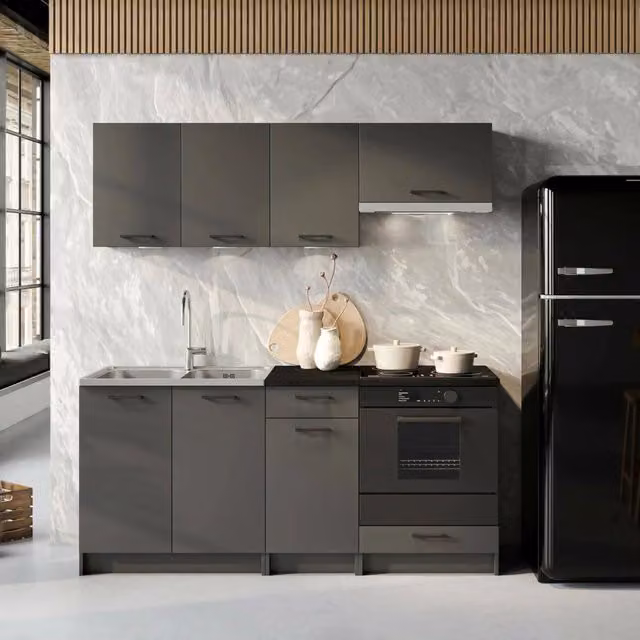 Cucinino Moderno DMORA con un Ripiano, Nero Antracite Opaco, L: 180 cm, P: 60 cm, H: 85 cm – 1