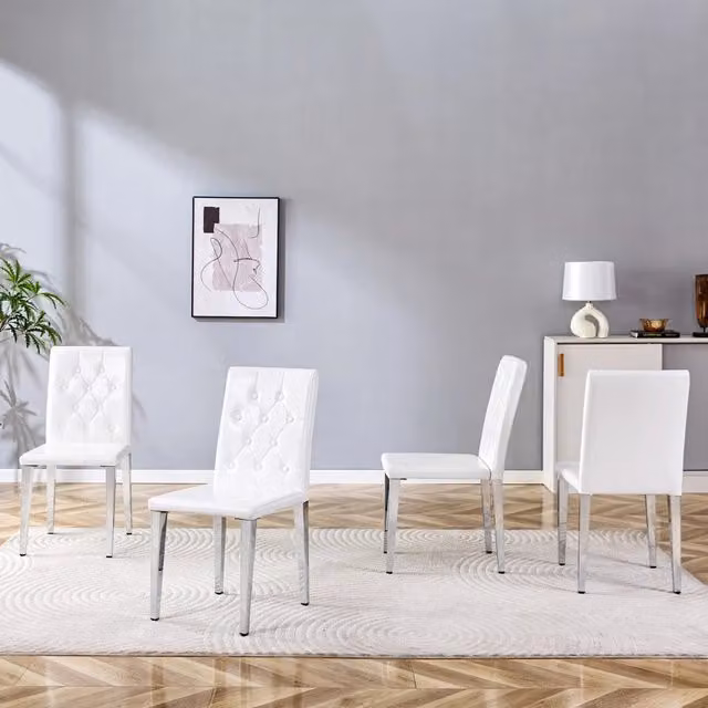 Set di 4 sedie da pranzo Zephmum moderne in ecopelle bianca con gambe in metallo argento lucido