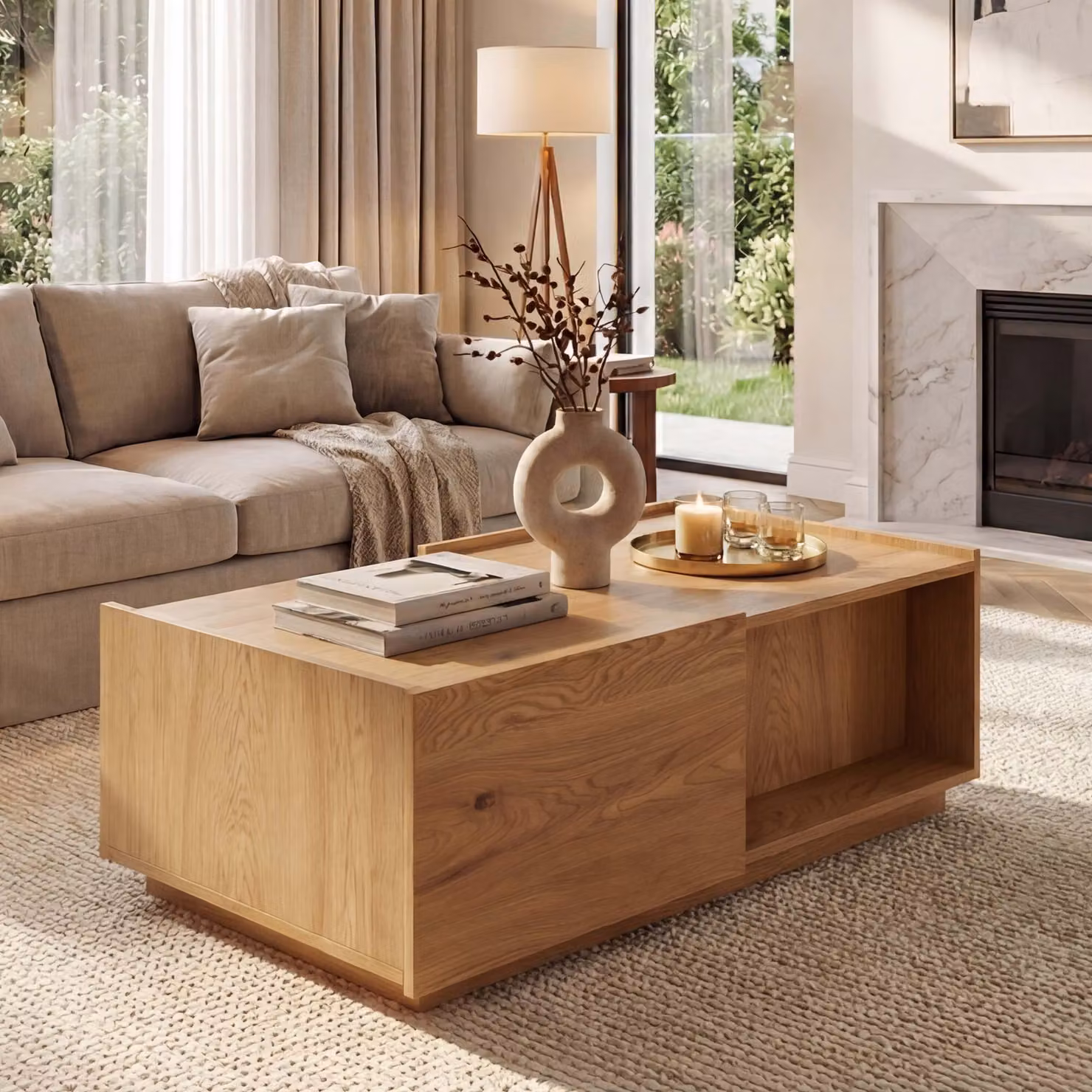Tavolino MCW-J78, tavolino da salotto, tavolino da divano, cassetto, MDF 110x50x40 cm ~ effetto rovere