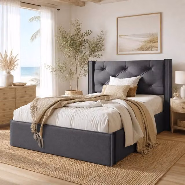 Letto imbottito con contenitore REDOM in cotone grigio, L/P/H: 90 x 200 x 101 cm – 1