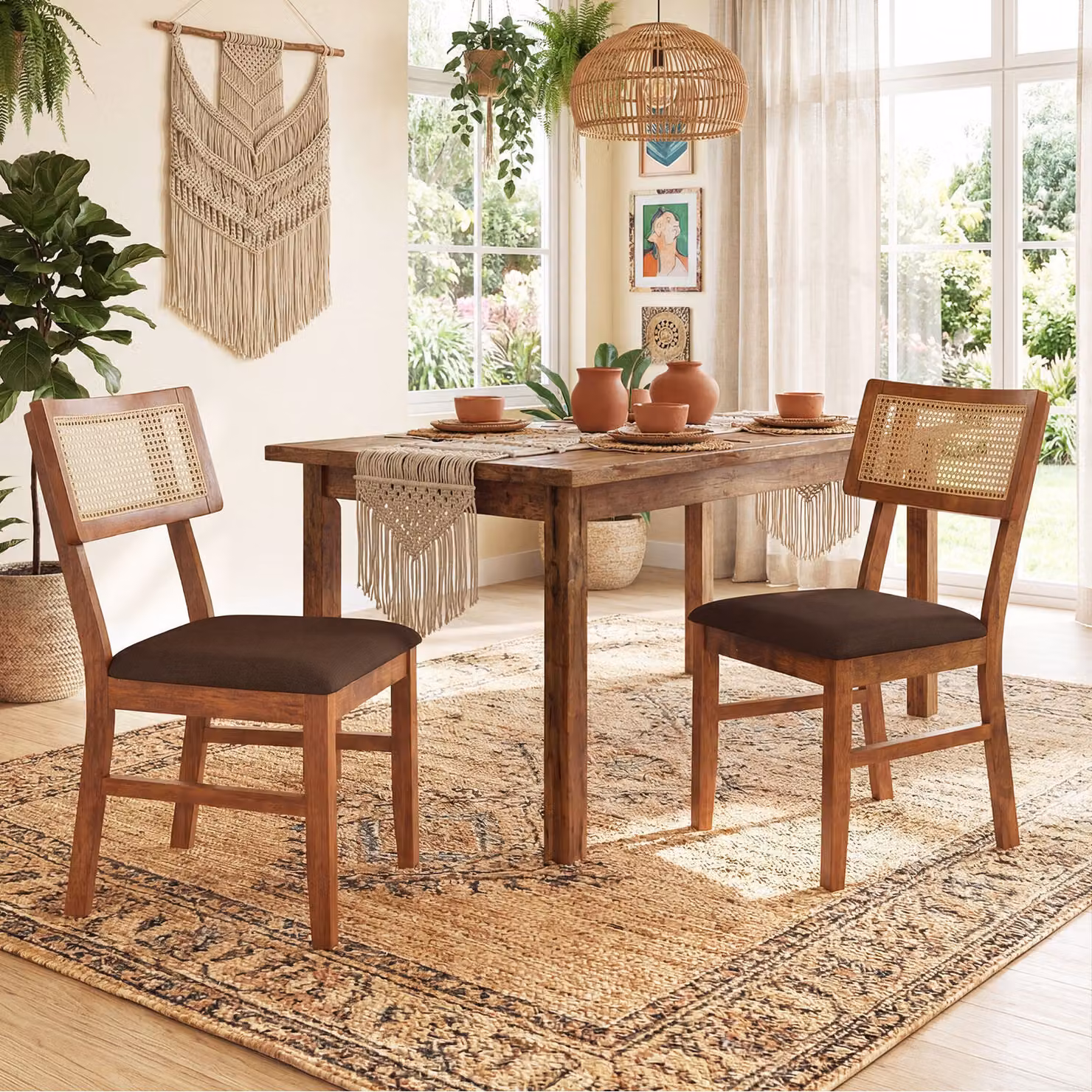 Set da pranzo Costway composto da tavolo rotondo e 2 sedie imbottite in velluto marrone in legno di gomma