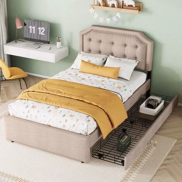 Letto singolo imbottito 90 × 200 cm con due cassetti in MDF e tessuto di lino beige scuro testiera regolabile