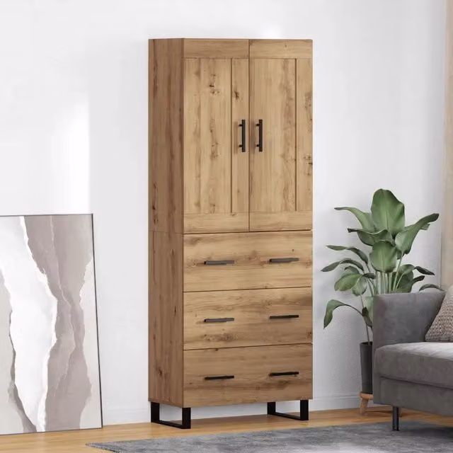 Set di 2 credenze moderne vidaXL in rovere marrone con vetro e metallo L: 69,5 cm, P: 34 cm, H: 180 cm