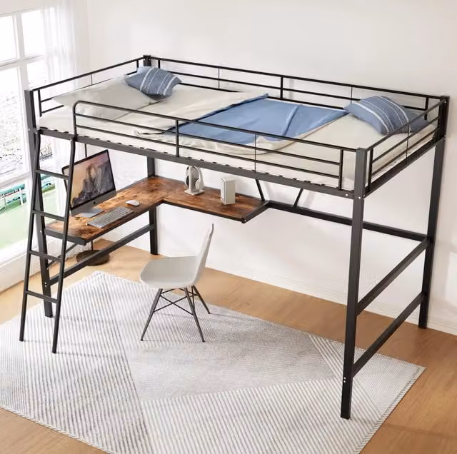 Letto a castello in metallo 90x200 cm con scrivania a L e mensola, colore nero