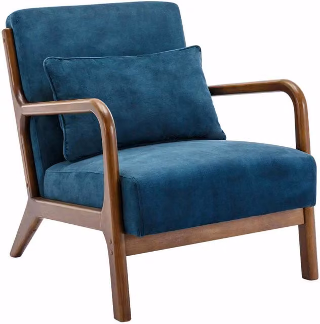 Poltrona scandinava in velluto e legno di hevea tinto noce scuro, blu