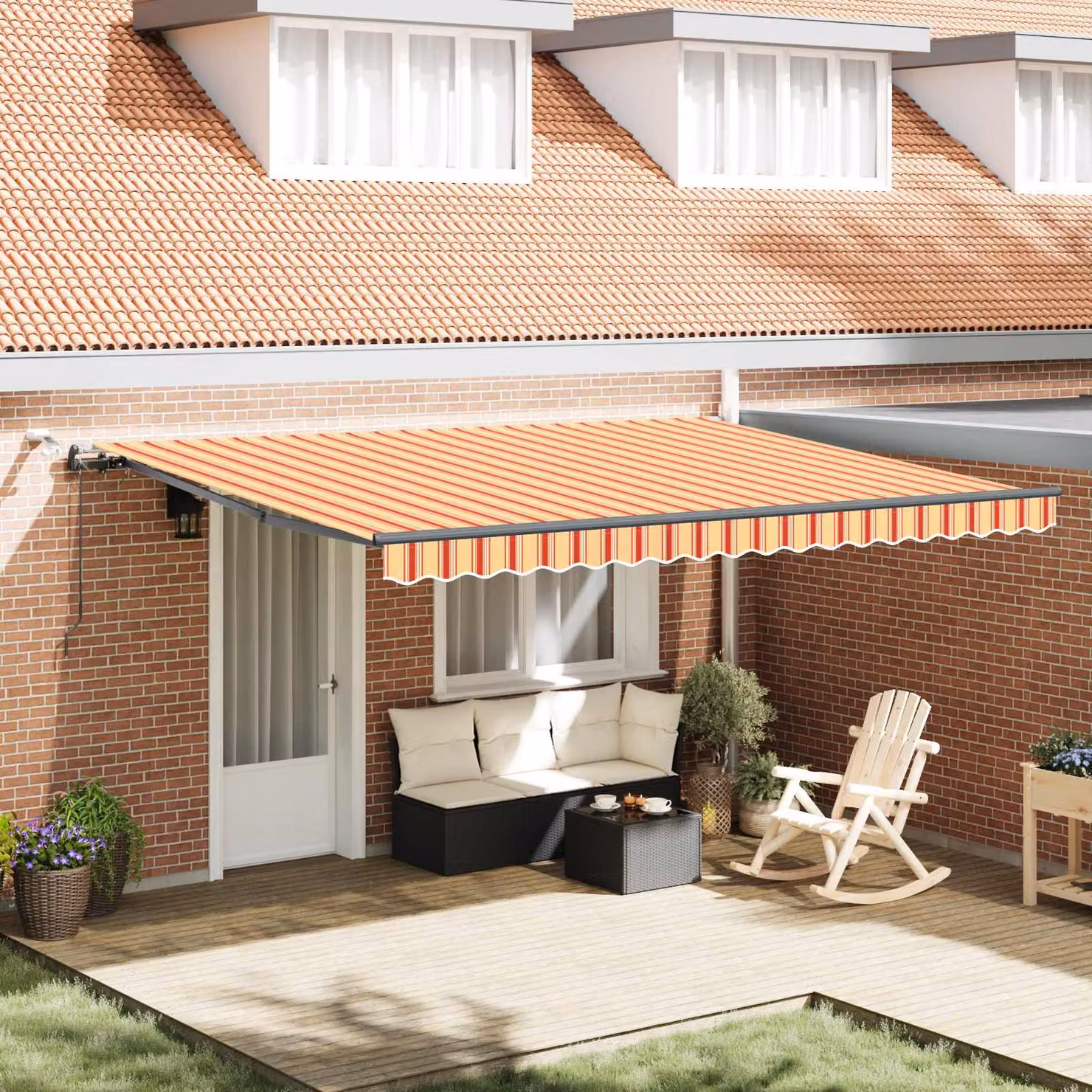 Tenda retrattile vidaXL con bracci pieghevoli e telecomando, Giallo e Arancione, Poliestere e Metallo, L: 450 cm x P: 350 cm