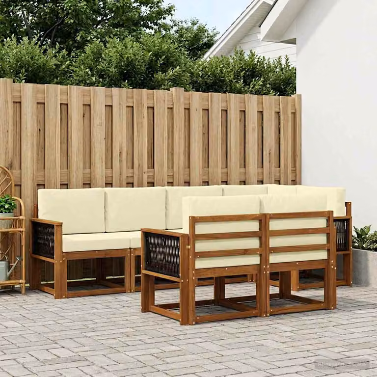 Set di divani da esterno vidaXL 7 pz a forma di L in legno di acacia con cuscini beige e bianco