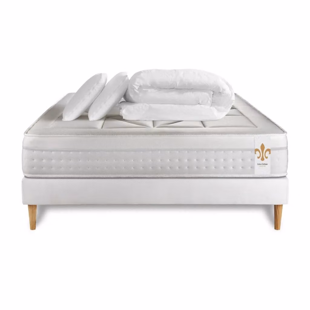 Kit letto completo Vingt-Huit con materasso ibrido, box spring imbottito, doghe, 2 cuscini e piumino, colore bianco, L/P: 180 x 200 cm – 2