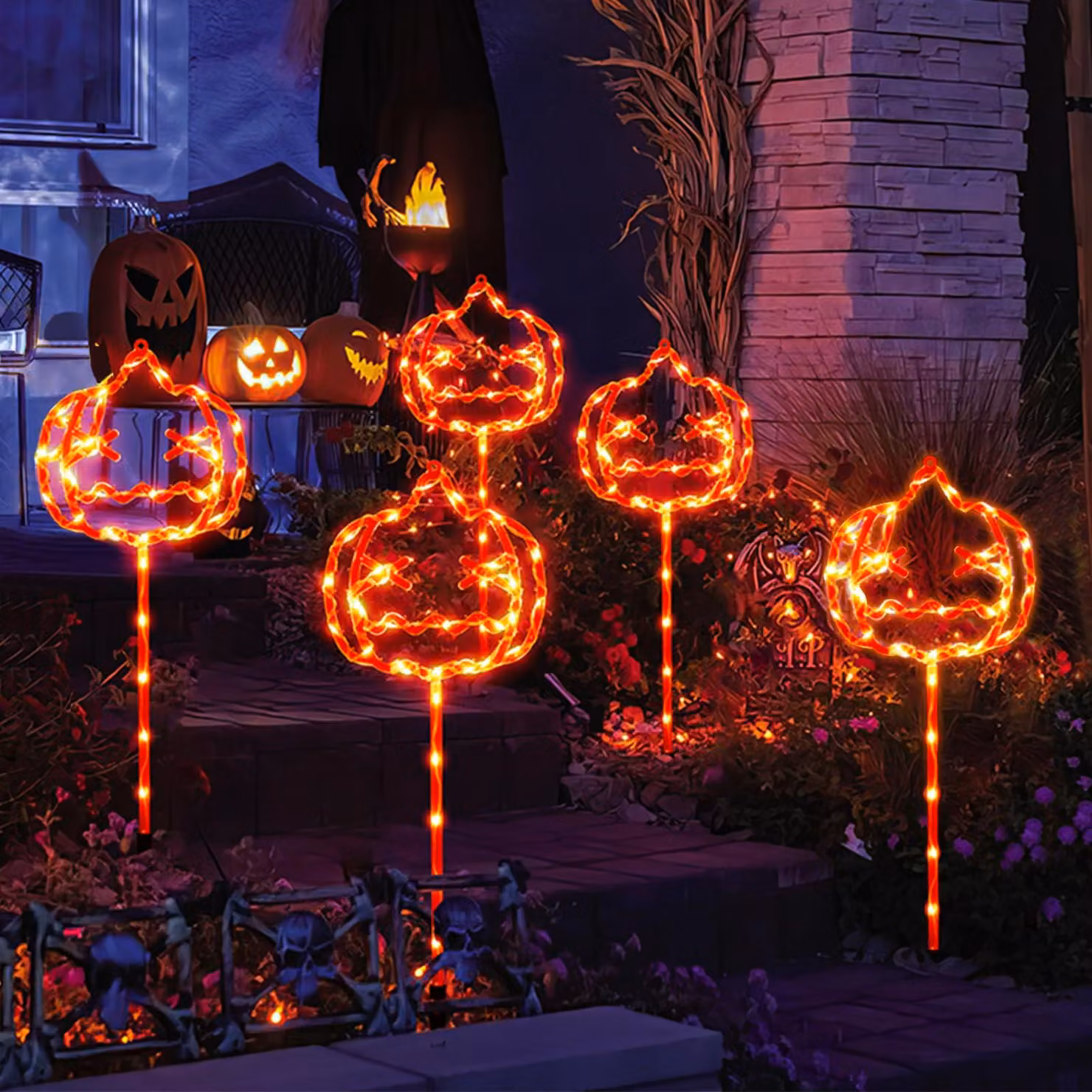 Set di 5 lanterne solari a forma di zucca di Halloween, impermeabili, ideali per giardino e terrazza