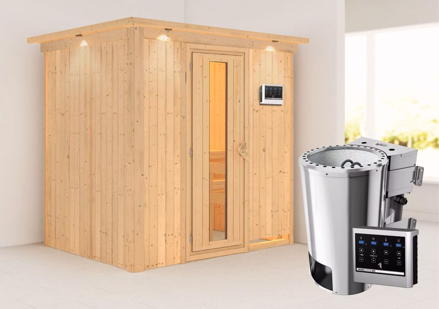 Sauna Karibu Fanja (ingresso frontale), porta in legno con vetro isolante, coibentata, trasparente, stufa a legna da 3,6 kW con comando esterno «easy»