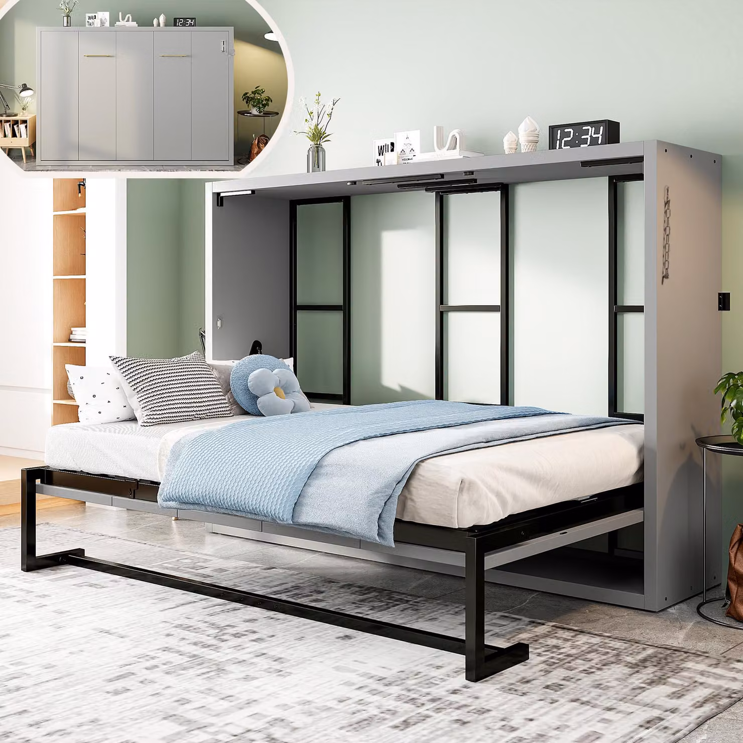 Letto a scomparsa a parete Flieks, dimensioni 140x200 cm, con struttura in metallo e piano in legno. Letto matrimoniale a scomparsa con sistema di fissaggio a parete bloccabile. Letto per ragazzi, colore grigio