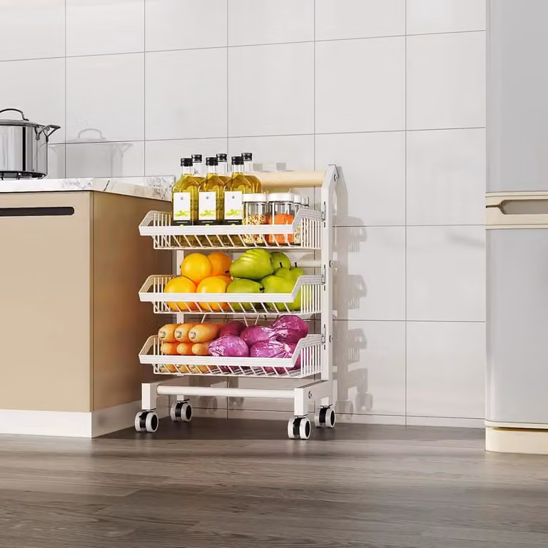 Ripiano portaoggetti per cucina - Carrello metallico - 3 ripiani - Scaffale con ruote - Rotazione a 360° - Multiuso - Bianco