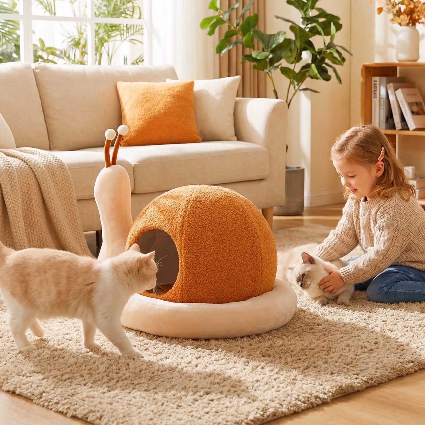 Cuccia per gatti Costway 2 in 1 a forma di chiocciola con cuscino rimovibile e lavabile, marrone e arancione