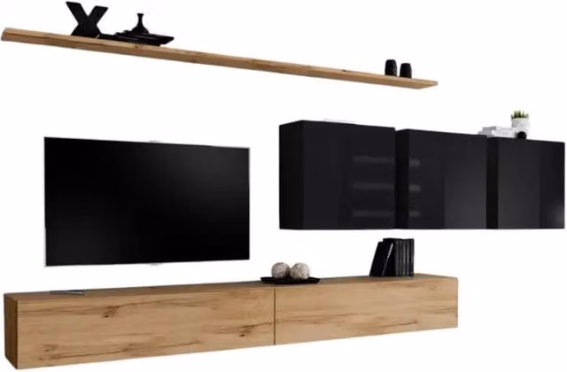 Composizione murale SWITCH VII mobile TV sospeso in quercia Wotan e nero lucido design