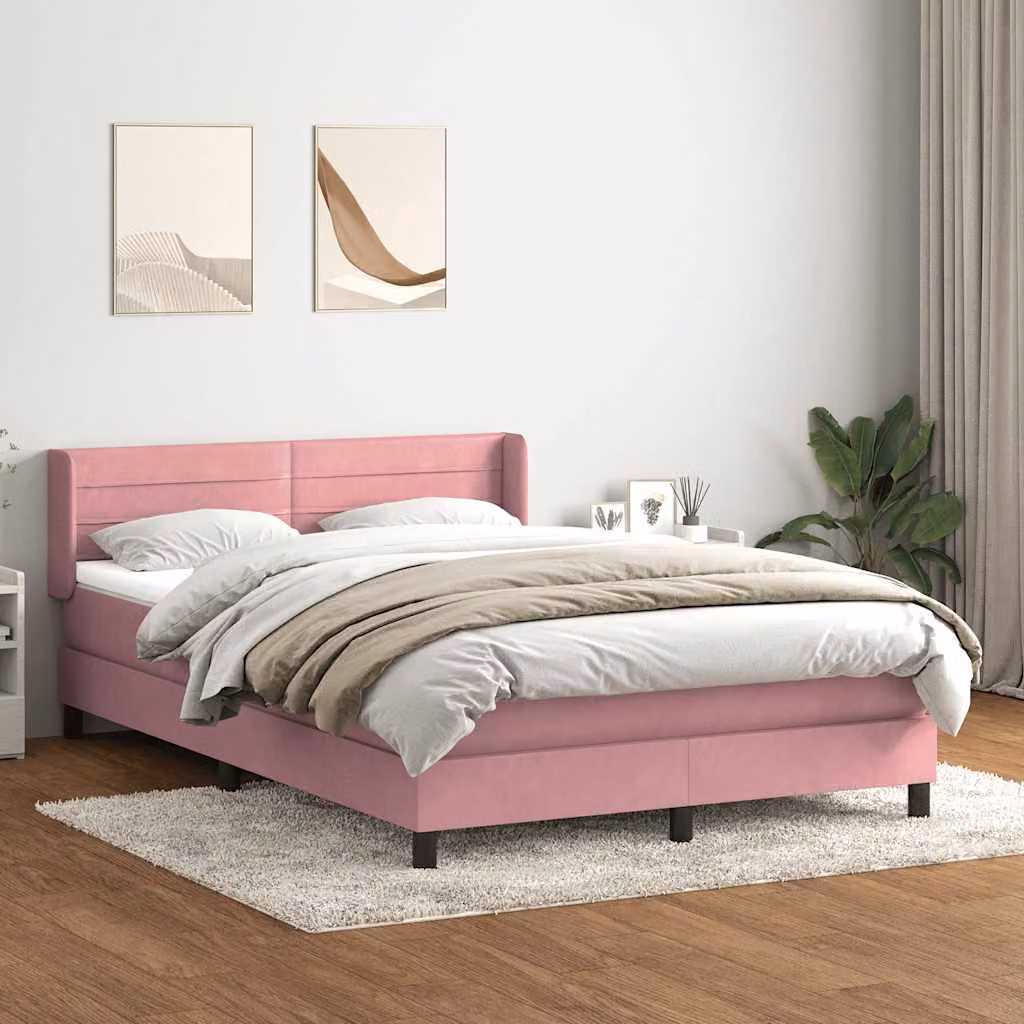 vidaXL Letto con Giroletto a Molle e Materasso Ibrido in Velluto Rosa e Bianco L/P/H: 147 x 88 x 223 cm