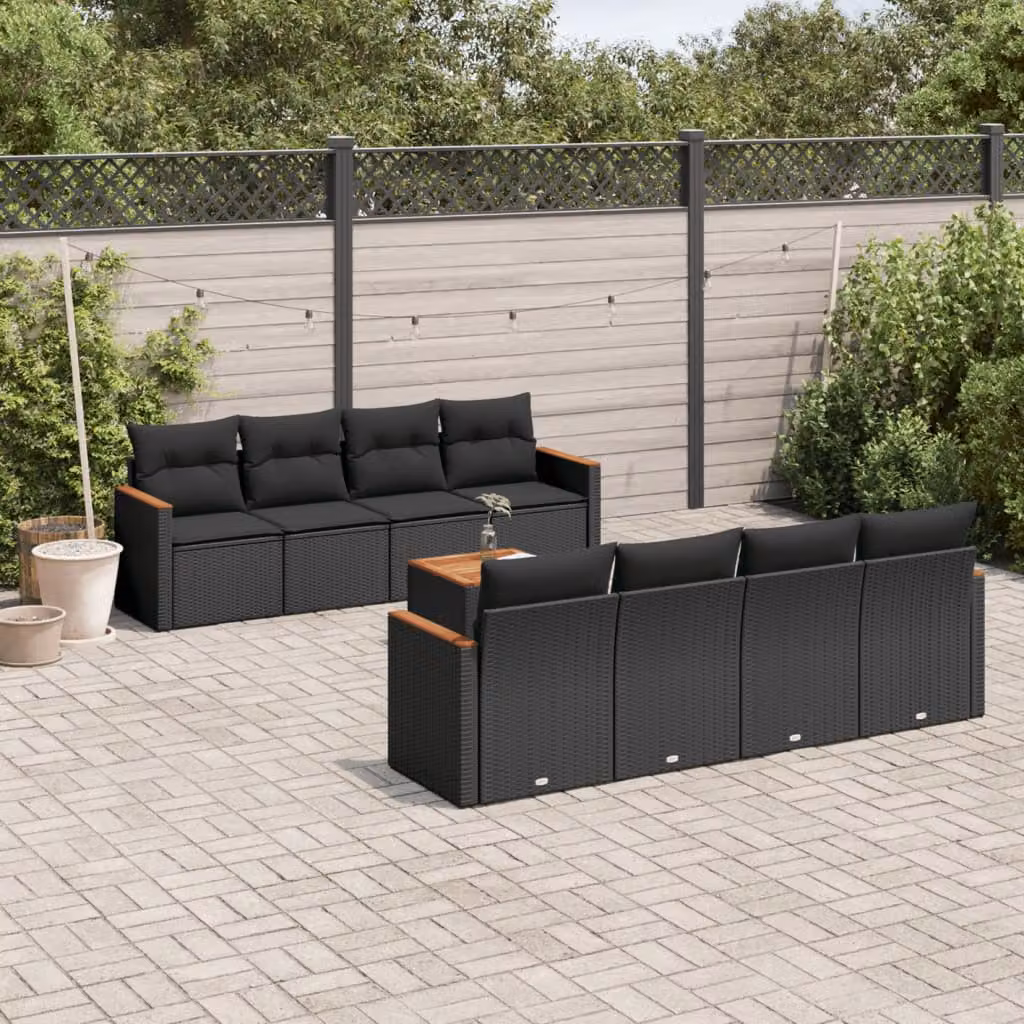 Set di divani da giardino vidaXL in polyrattan nero con cuscini e tavolino da esterno – 1