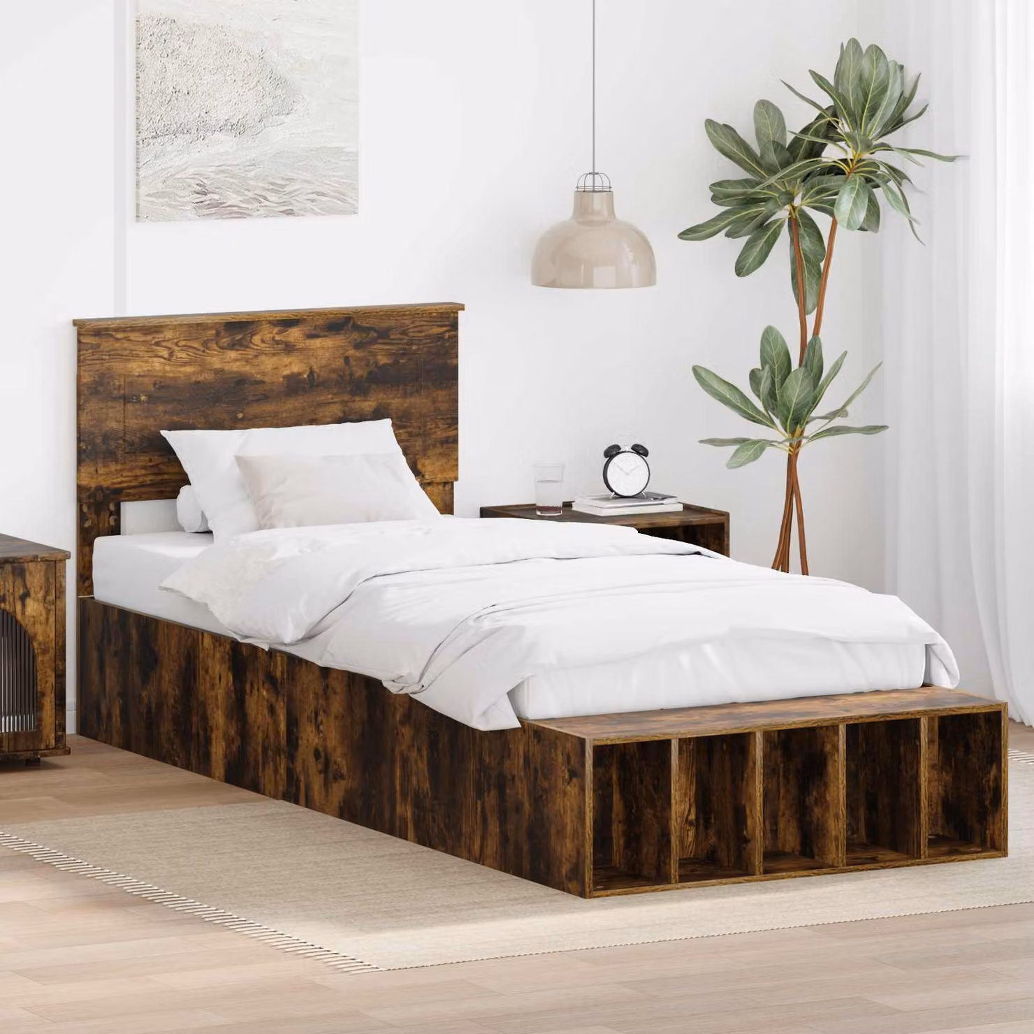 vidaXL Struttura letto con scaffale e cassetti in Rovere fumé, L/P/H: 90 x 200 x 93 cm