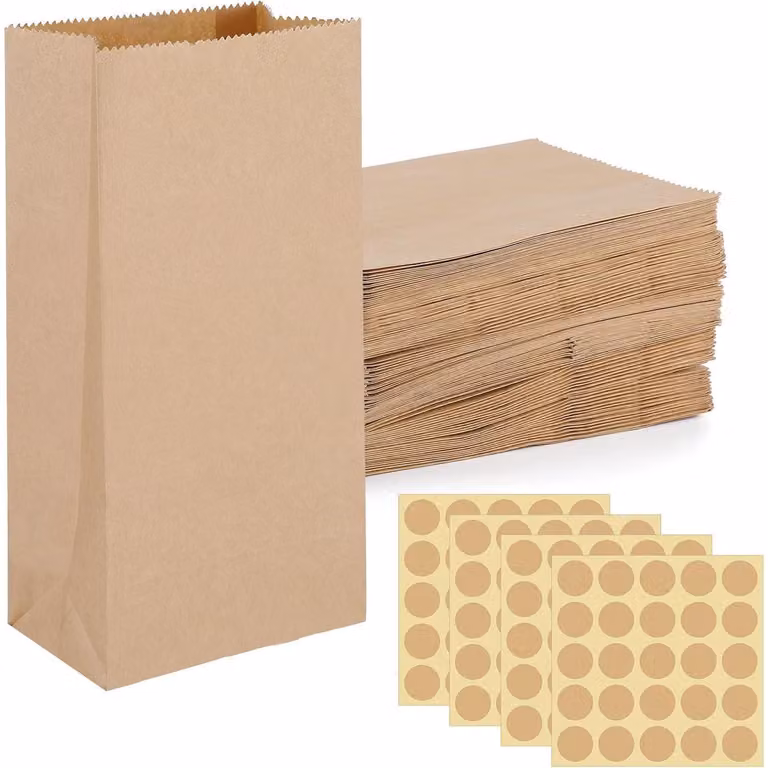 Sacchetti di carta marroni piccoli, confezione da 100 pezzi, con etichetta, in carta kraft, ideali per calendari dell'Avvento, matrimoni, compleanni, dimensioni 9x18x5,5 cm