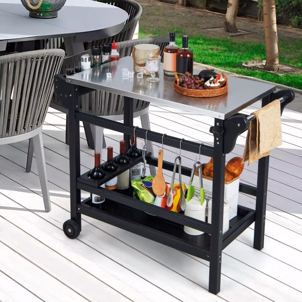 Carrello da esterno Design Mania con piano in acciaio inox e struttura in HDPE nero per forno a pizza o preparazione cibi, L: 115 cm, P: 54 cm, H: 85 cm – 2
