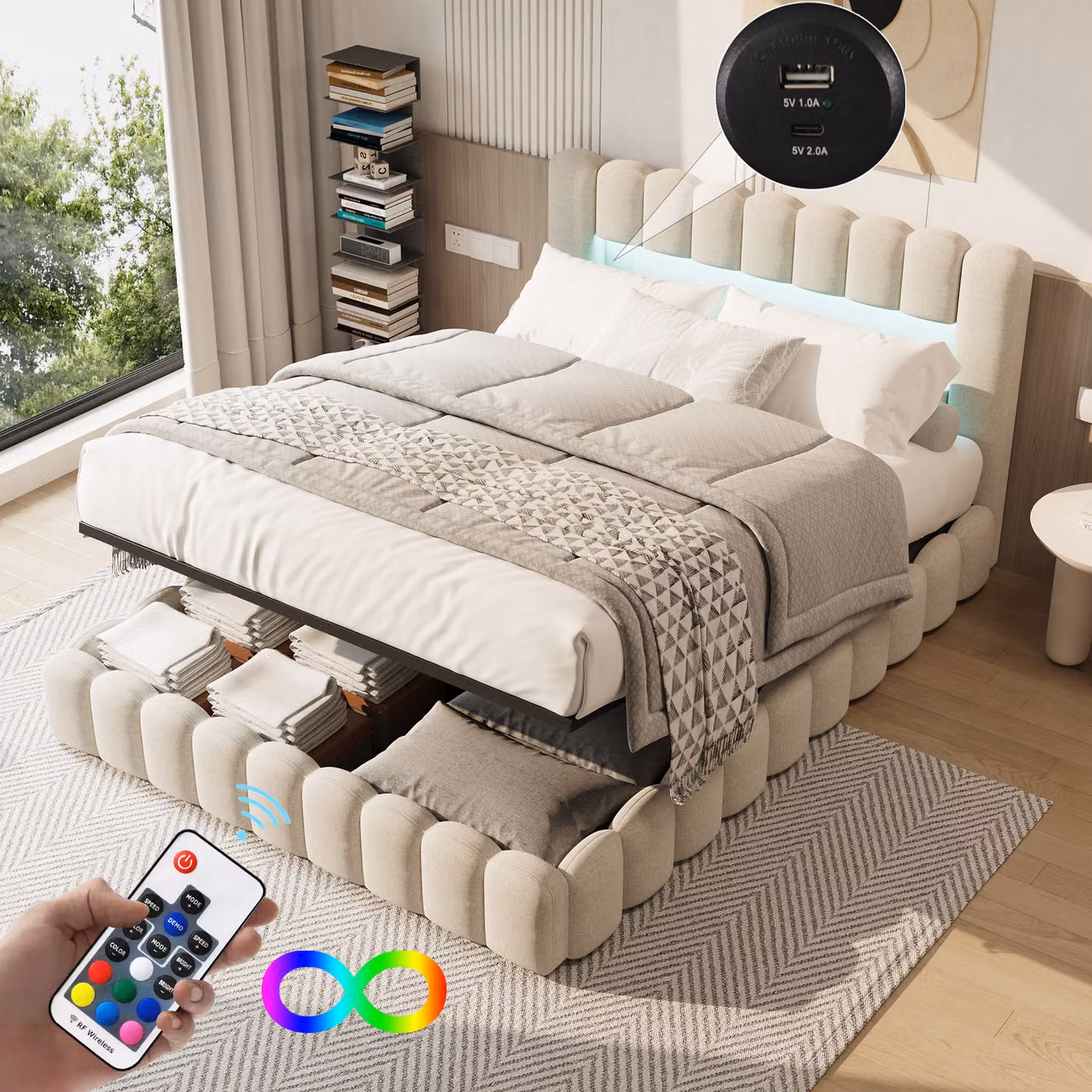 Letto imbottito UnboxG 160x200cm, letto matrimoniale idraulico con vano contenitore e rete a doghe, testata a LED con vano contenitore e funzione di ricarica USB, letto a molle insacchettate letto funzionale letto contenitore, lino, beige