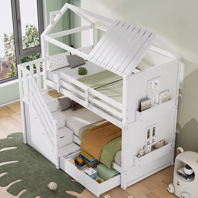 Letto a castello per bambini 90x200 cm con scale contenitore; cassetti e ripiani; bianco