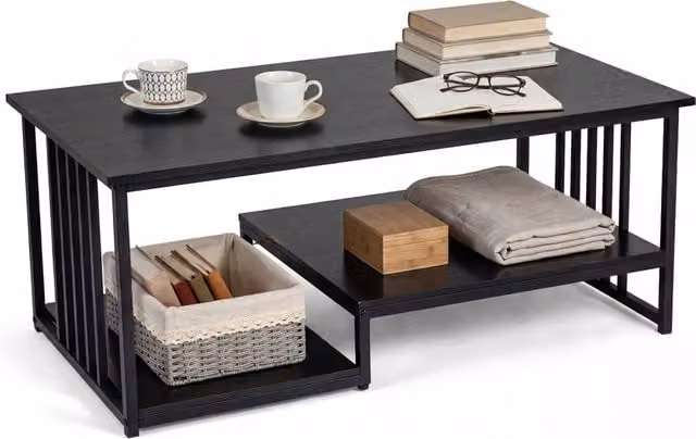 Tavolino da caffè rettangolare moderno con 2 ripiani portaoggetti e struttura in metallo, Nero, L: 110 cm, P: 60 cm, H: 45 cm