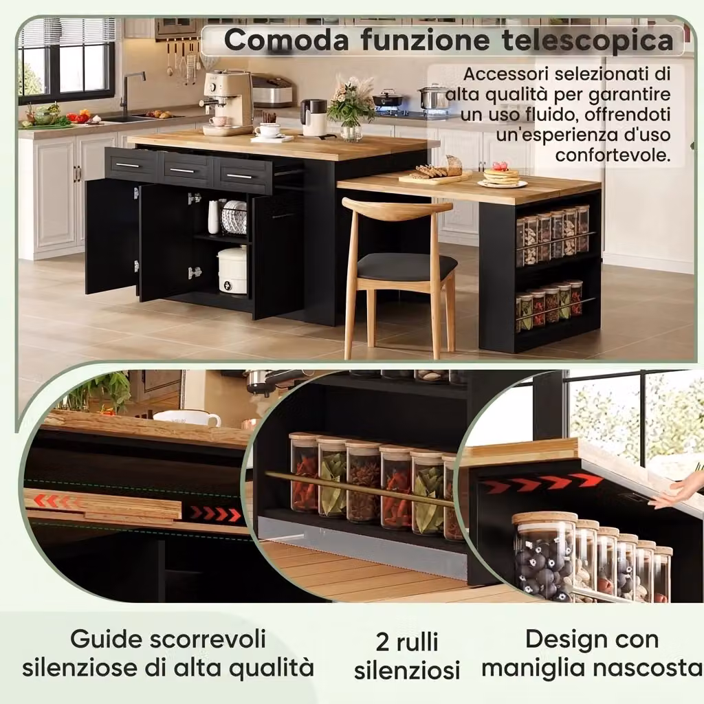 Isola da cucina Vovees Living con tavolo estraibile, 6 cassetti e ripiani regolabili in MDF, nero e legno, L: 150 cm, P: 90 cm, H: 90 cm – 2