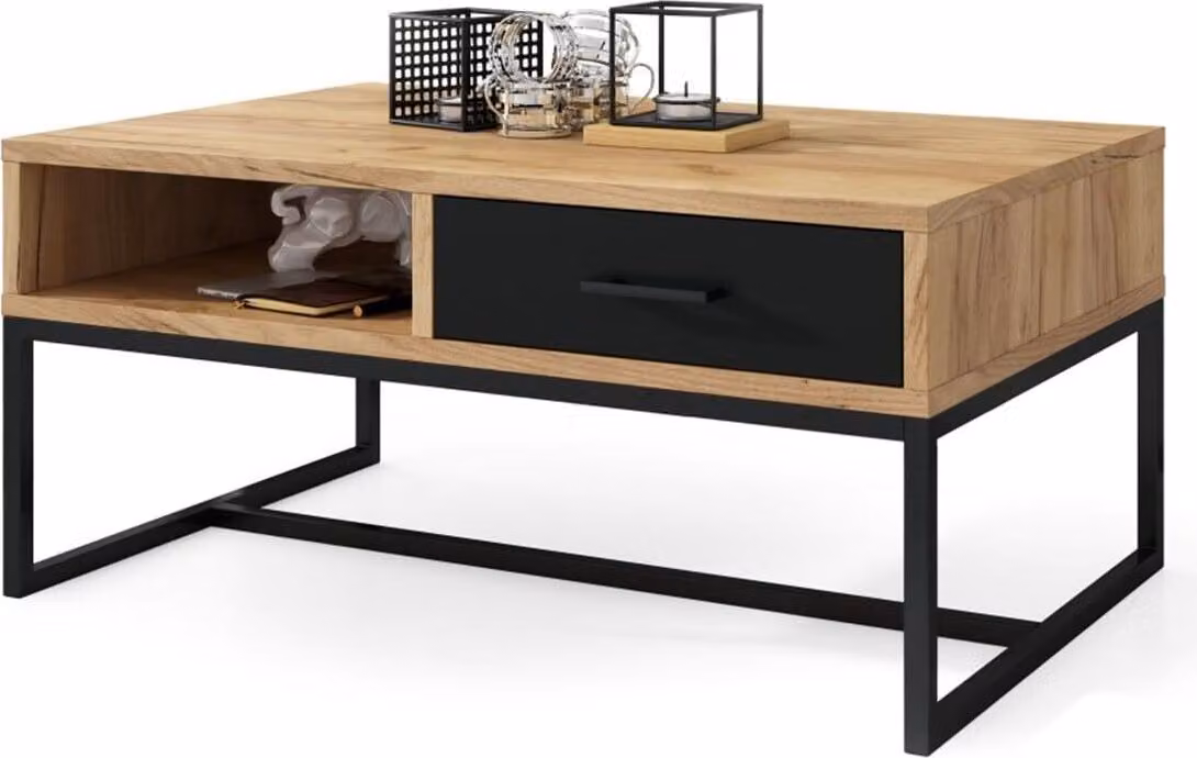Tavolino All4All modello Marco, tavolino da caffè, tavolino per il soggiorno, stile industriale, tavolino da divano, con cassetto, 90x60 cm, rovere dorato e nero