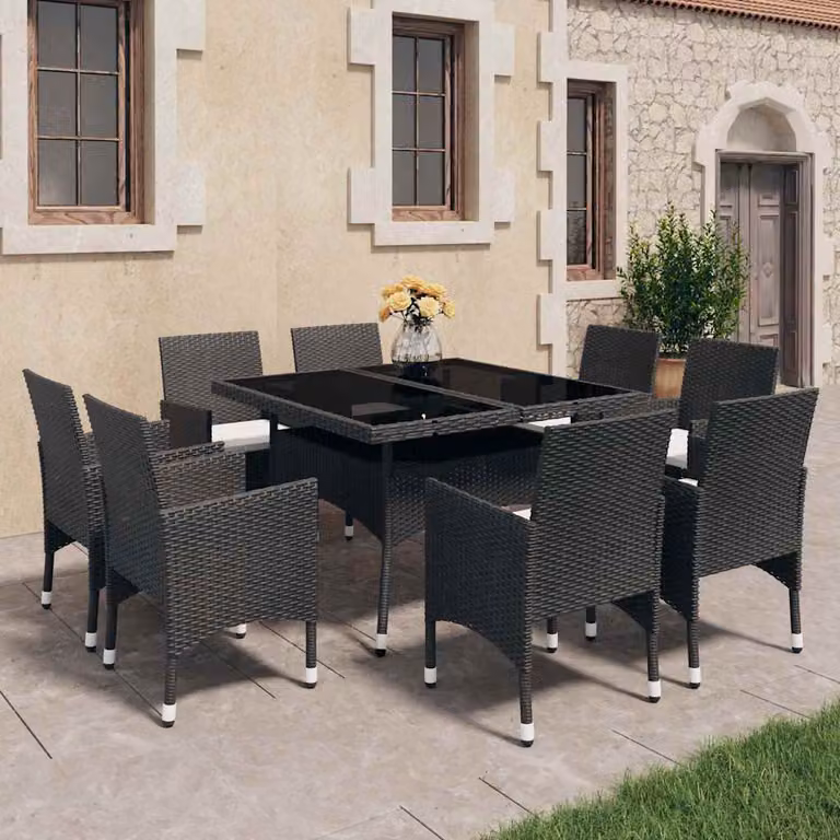 vidaXL Set Mobili da Pranzo per Giardino 9 pz in Polyrattan e Vetro Nero e Beige