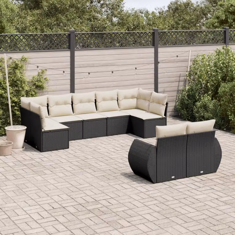 vidaXL Set Divani da Giardino 9 pz in Polyrattan con Cuscini, Design Moderno a L, Nero e Bianco