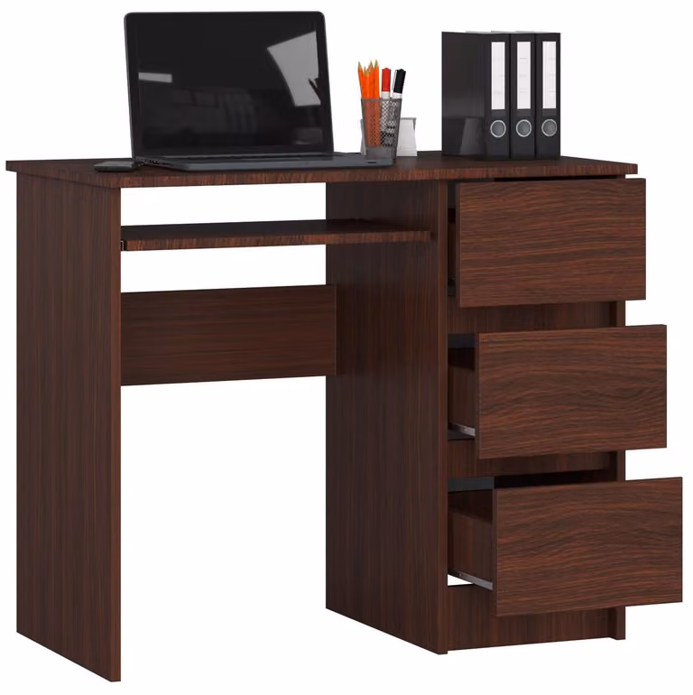 Scrivania da 90 cm con 3 cassetti e ripiano estraibile per tastiera; scrivania per computer, scrivania da lavoro