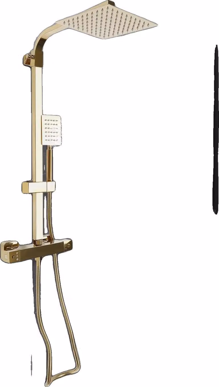 Set di rubinetteria per doccia, comando termostatico, design moderno, finitura dorata
