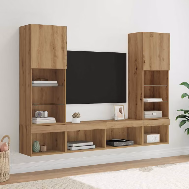 Unità a muro per TV moderna vidaXL con LED in rovere e vetro, colore marrone