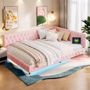 Letto imbottito per bambini 140x200 cm con USB Type-C, letto matrimoniale con LED, divano letto da giorno, divano letto per ragazzi struttura letto con doghe in legno, orsetto, rosa